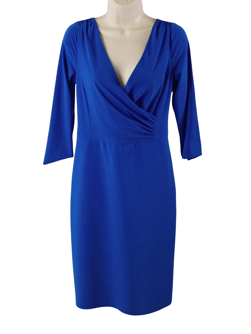 Teri Jon Royal Blue Wrap-Front Midi Dress with V-Neck